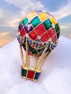 Vintage Hot Air Balloon Brooch Multicolor Enamel Rhinestone Figural Brooch